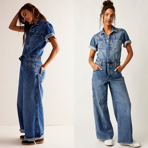 New Free People Edison Denim Wide Leg Coverall Jumpsuit - Picture 2 of 7